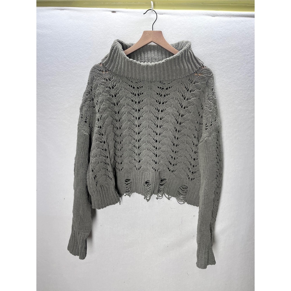 BKE Sweater Womens Medium Green Excellent Distressed Cropped Pointelle Knit 3314